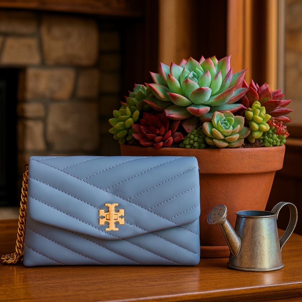 Tory Burch Kira Chevron Cloud Blue/Rolled Brass Chain Wallet Crossbody Bag